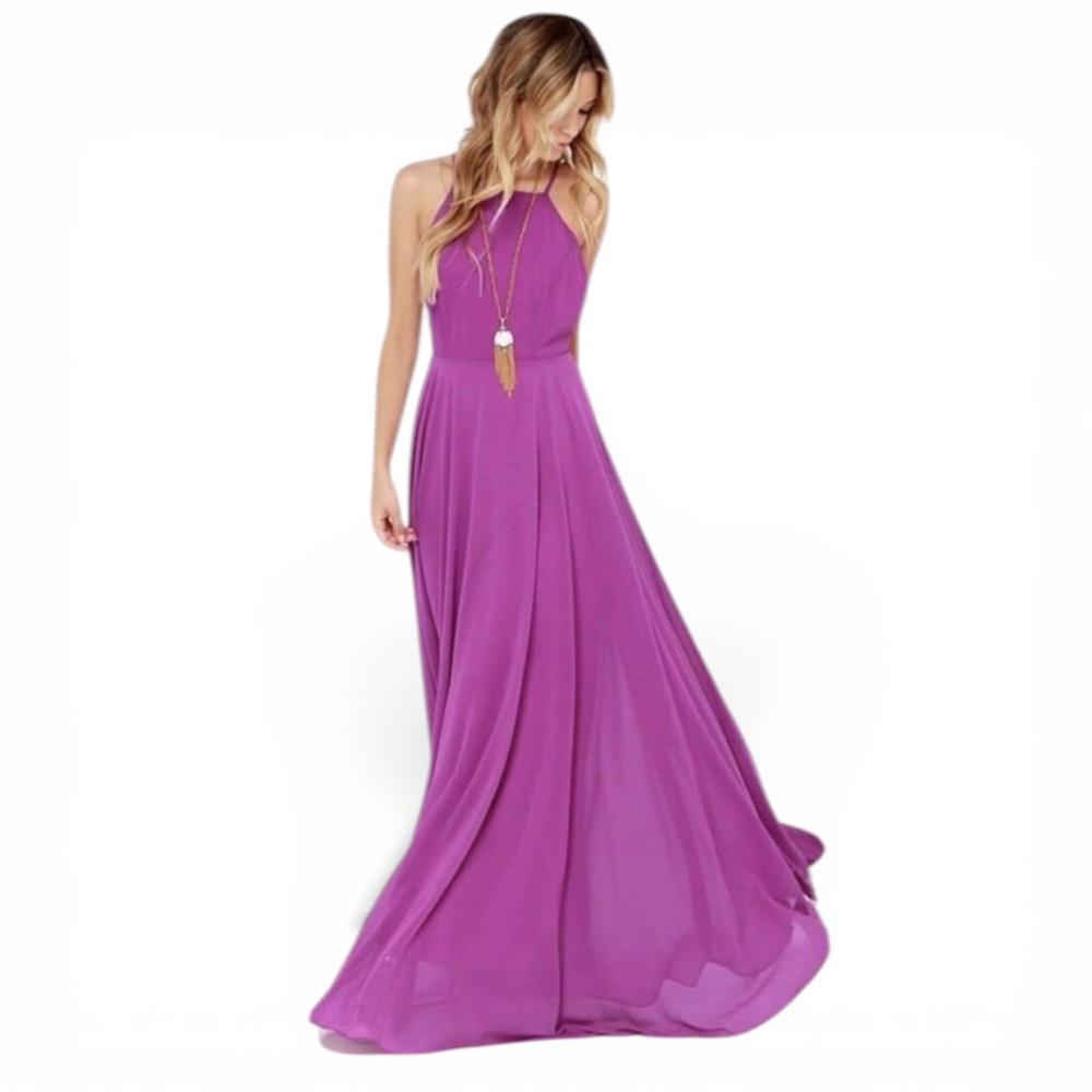 NWT Lulus Mythical Kind of Love Purple Flowing Halter Maxi Dress Bridesmaid M‎